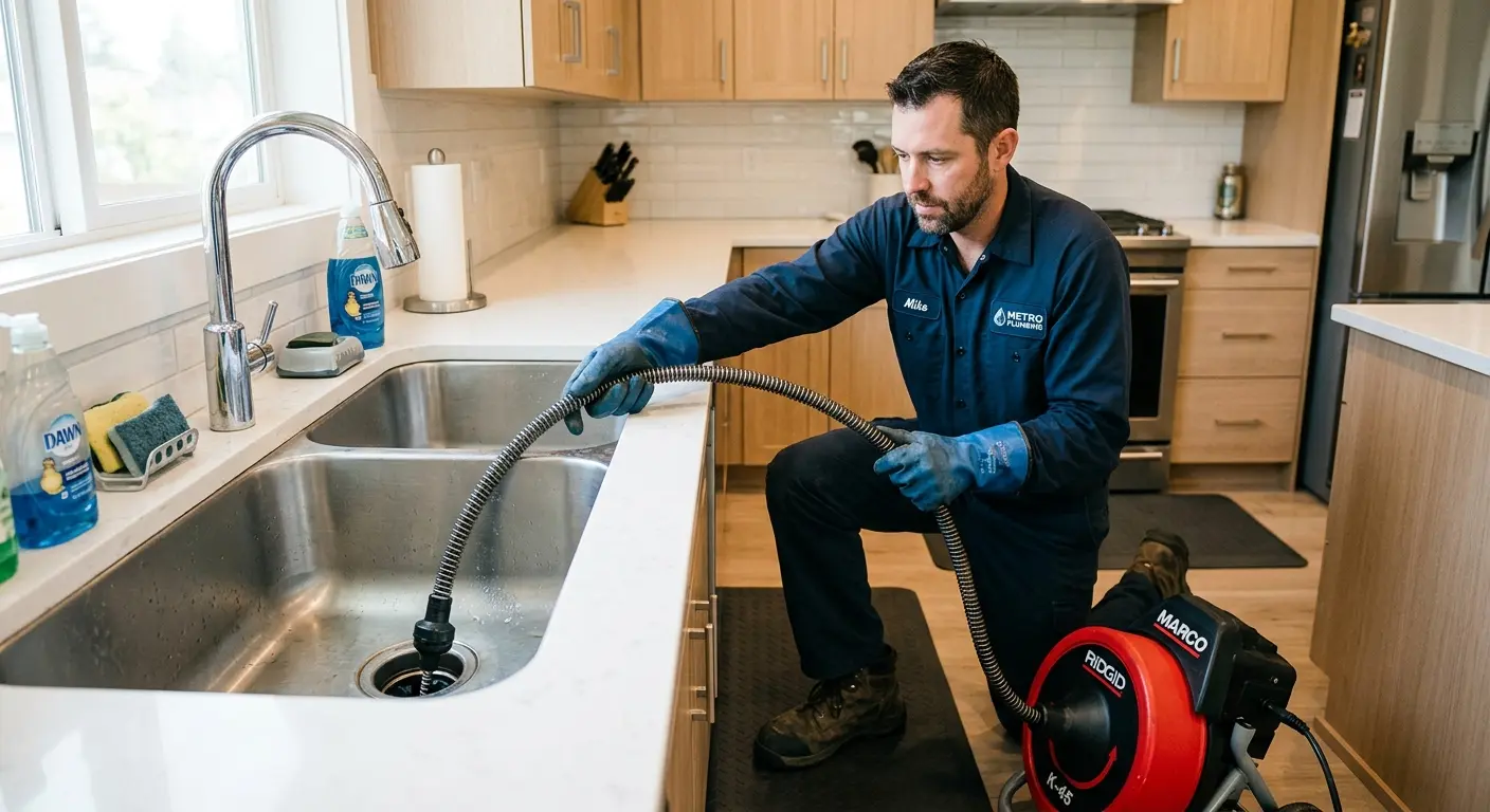 Drain cleaning technician using a motorized snake on a kitchen sink in Osceola