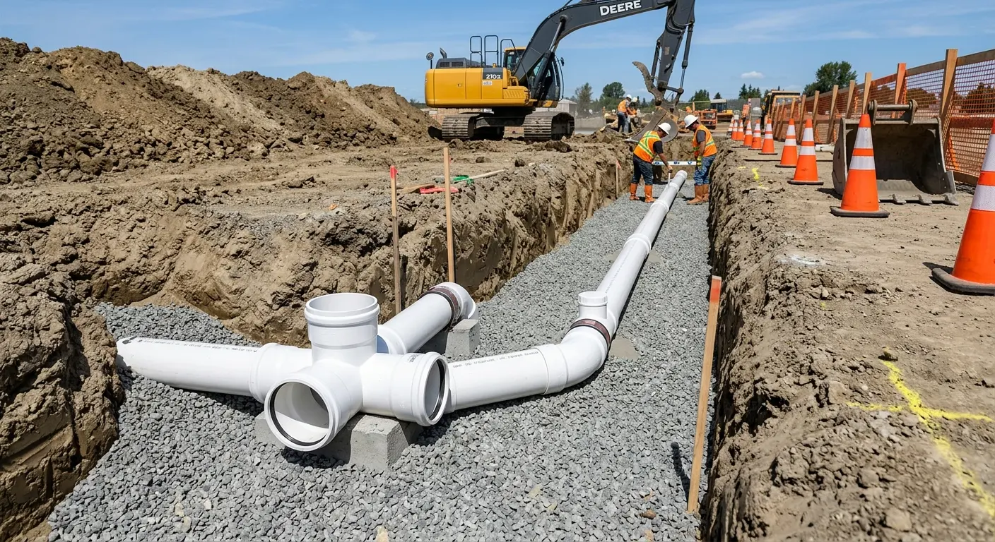 New PVC sewer pipe installation in open trench for Sewer Backup in Osceola
