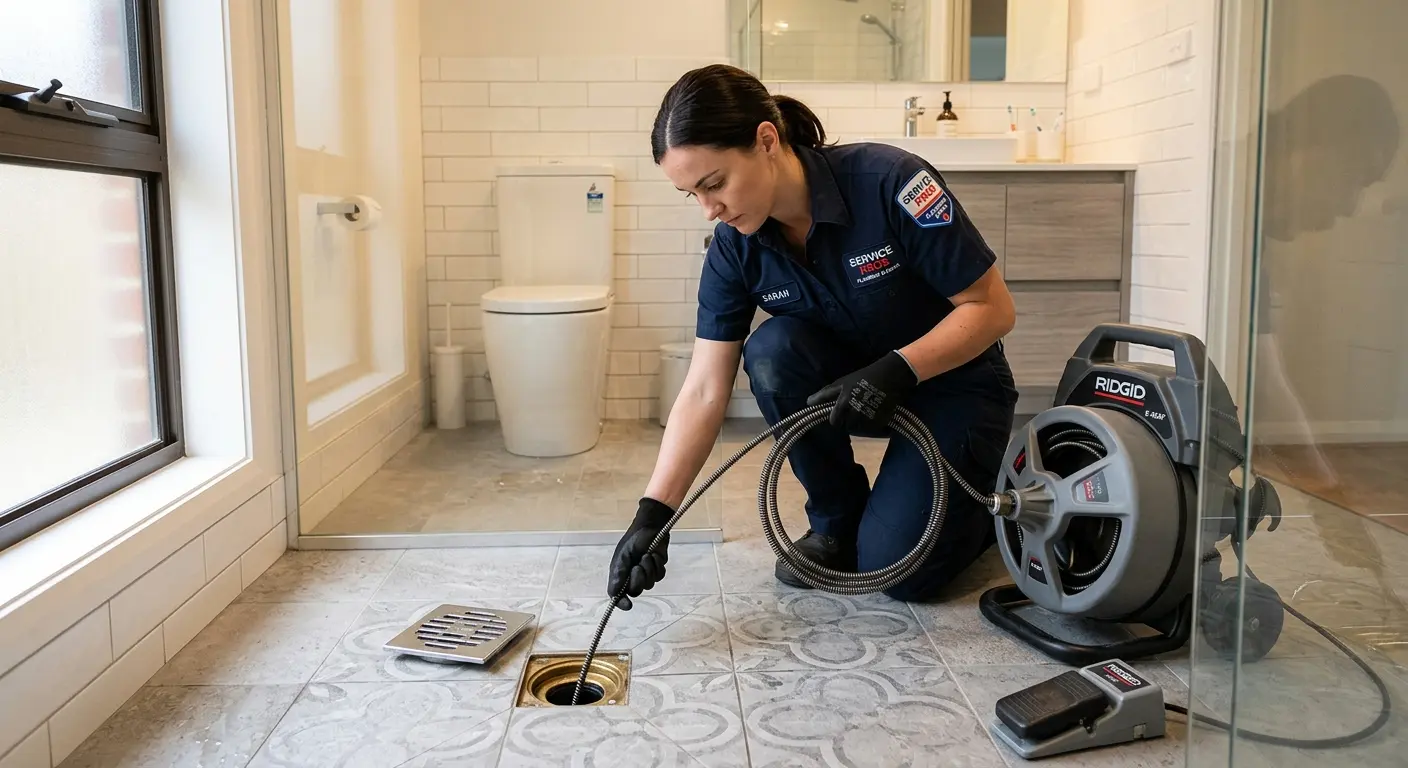 Technician clearing a bathroom floor drain for Drain Cleaning in Osceola